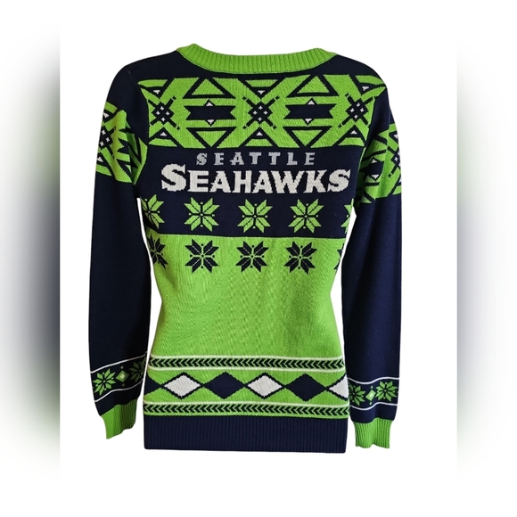 Seattle Seahawks Medium NFL Ugly Christmas Sweater Green Navy Rare Fan Gear - Picture 3 of 7